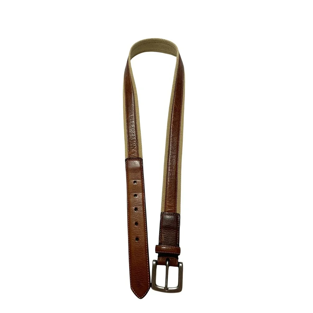 Mens Brown Leather Canvas Inlay Belt Size 36 Casual Rugged Mixed Media